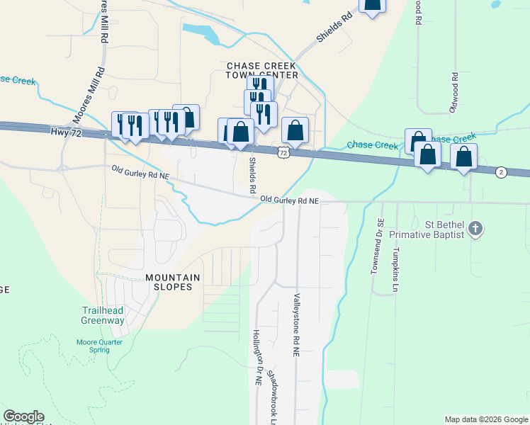 map of restaurants, bars, coffee shops, grocery stores, and more near 362 Old Gurley Road Northeast in Huntsville