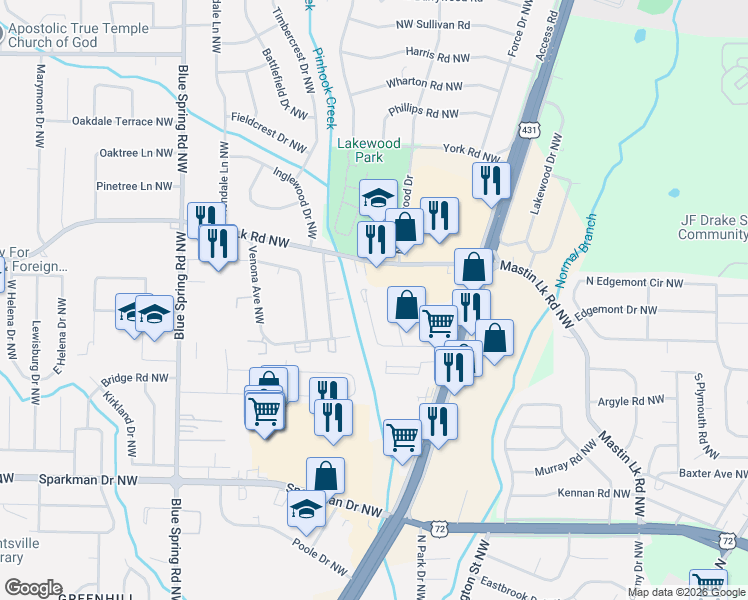 map of restaurants, bars, coffee shops, grocery stores, and more near 2228 Jonathan Drive Northwest in Huntsville