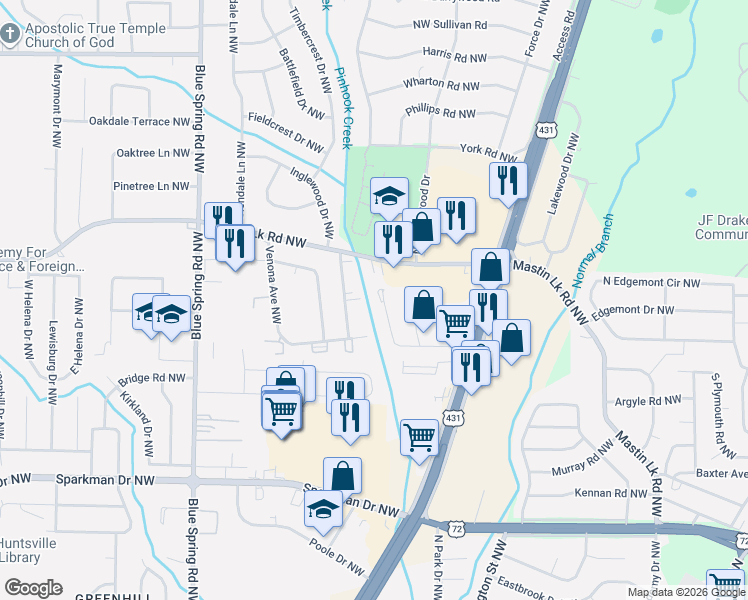 map of restaurants, bars, coffee shops, grocery stores, and more near 3412 Elizabeth Street Northwest in Huntsville