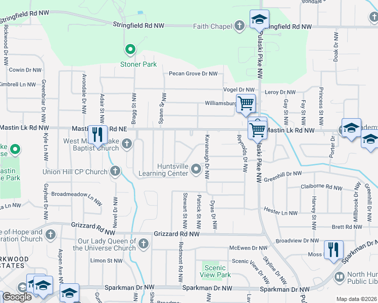 map of restaurants, bars, coffee shops, grocery stores, and more near 3805 Cary Road Northwest in Huntsville