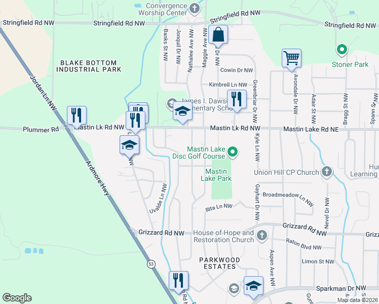 map of restaurants, bars, coffee shops, grocery stores, and more near 3308 Clifford Road Northwest in Huntsville