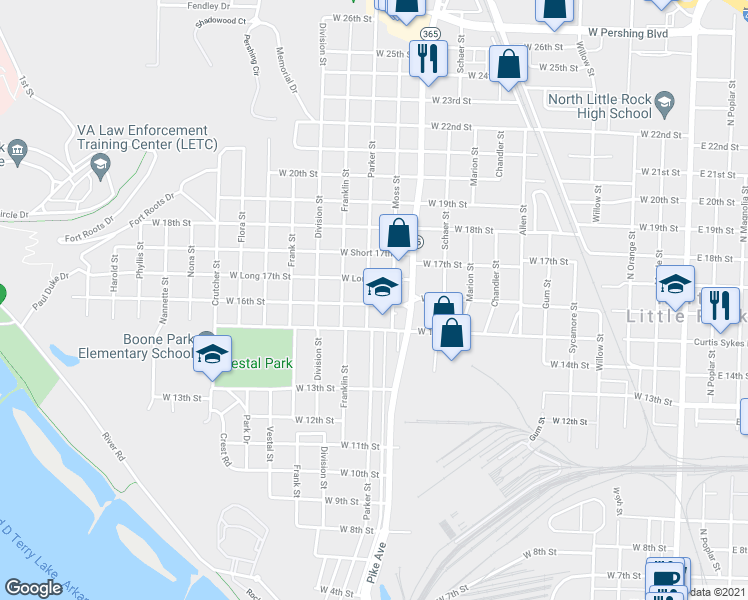 map of restaurants, bars, coffee shops, grocery stores, and more near 1205 West 16th Street in North Little Rock