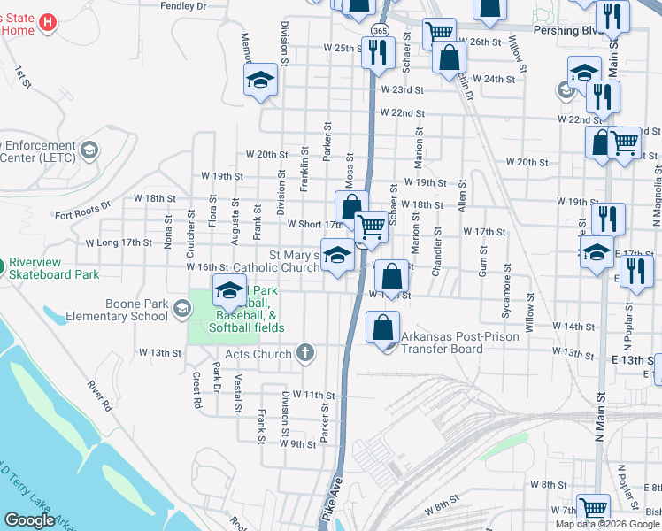 map of restaurants, bars, coffee shops, grocery stores, and more near 1205 West 16th Street in North Little Rock