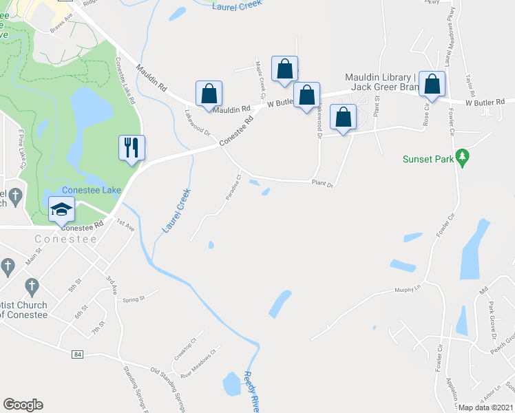 map of restaurants, bars, coffee shops, grocery stores, and more near 180 Lakewood Drive in Greenville