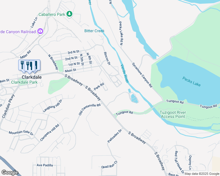 map of restaurants, bars, coffee shops, grocery stores, and more near 135 Zuni Drive in Clarkdale