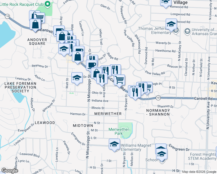 map of restaurants, bars, coffee shops, grocery stores, and more near 7313 Kentucky Avenue in Little Rock