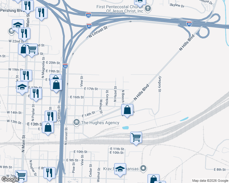 map of restaurants, bars, coffee shops, grocery stores, and more near 1110 East 17th Street in North Little Rock