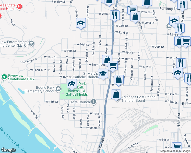 map of restaurants, bars, coffee shops, grocery stores, and more near 1315 West 16th Street in North Little Rock