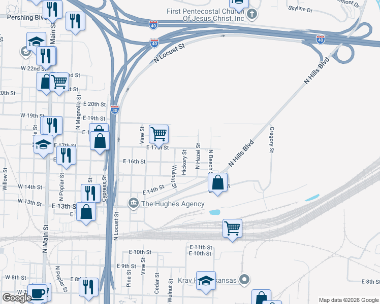 map of restaurants, bars, coffee shops, grocery stores, and more near 1110 East 17th Street in North Little Rock