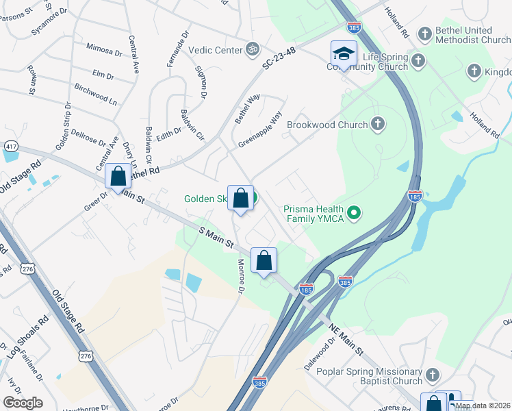 map of restaurants, bars, coffee shops, grocery stores, and more near 110 Balcome Boulevard in Simpsonville