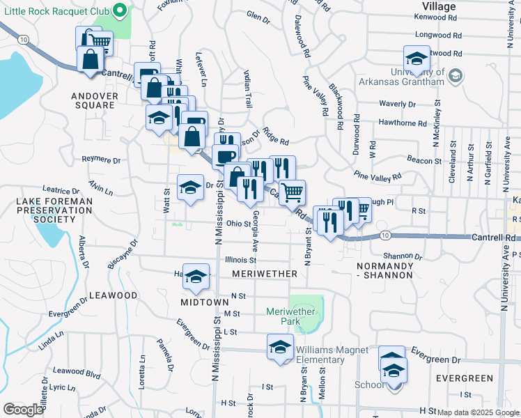 map of restaurants, bars, coffee shops, grocery stores, and more near 7315 Cantrell Road in Little Rock