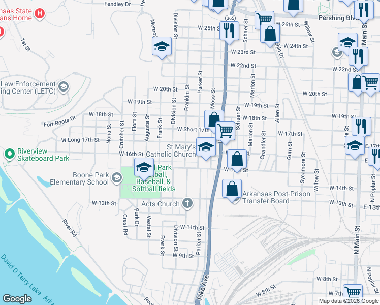map of restaurants, bars, coffee shops, grocery stores, and more near 1315 West 16th Street in North Little Rock