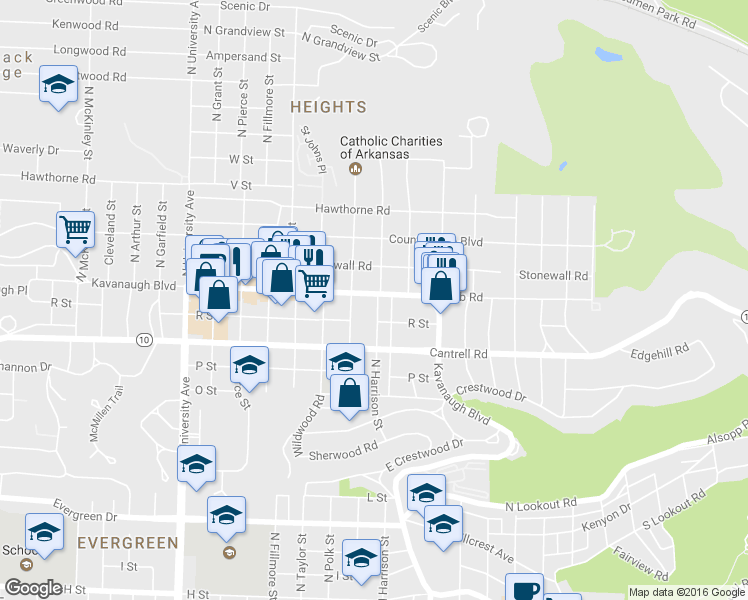 map of restaurants, bars, coffee shops, grocery stores, and more near 5301 Kavanaugh Blvd in Little Rock