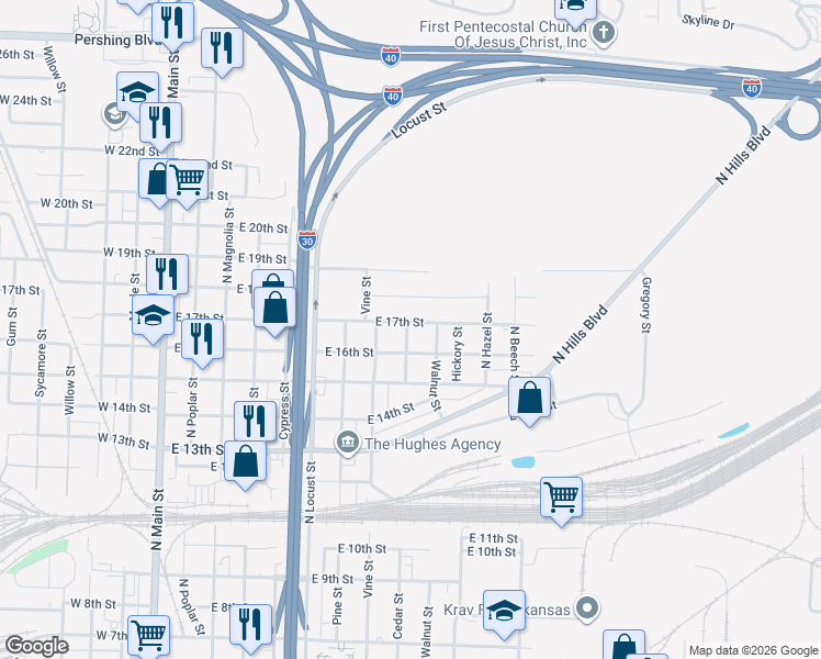 map of restaurants, bars, coffee shops, grocery stores, and more near 900 East 17th Street in North Little Rock