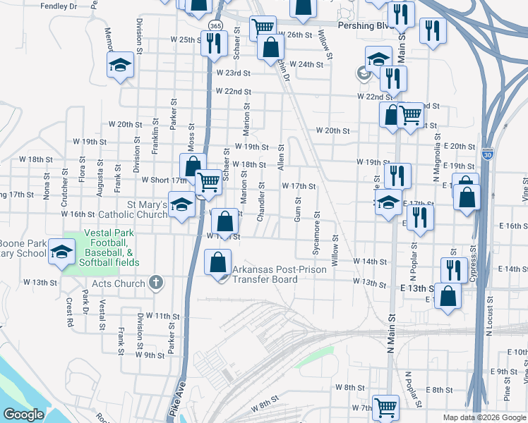 map of restaurants, bars, coffee shops, grocery stores, and more near 1600 Chandler Street in North Little Rock