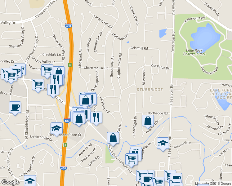 map of restaurants, bars, coffee shops, grocery stores, and more near 1812 Gunpowder Road in Little Rock