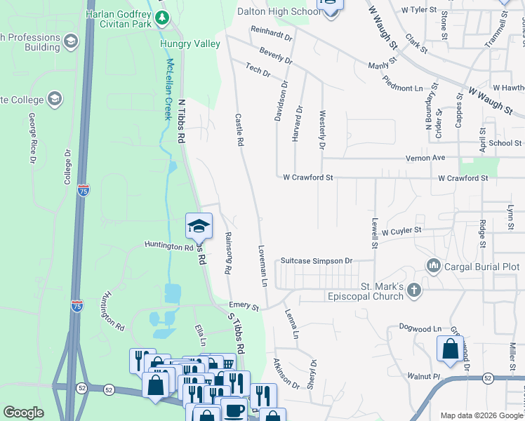 map of restaurants, bars, coffee shops, grocery stores, and more near 451 Castle Road in Dalton