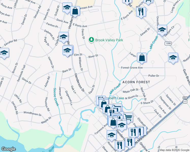 map of restaurants, bars, coffee shops, grocery stores, and more near 1203 Davis Street in Jacksonville