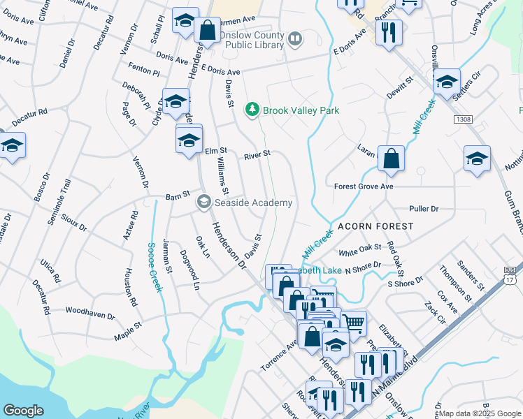 map of restaurants, bars, coffee shops, grocery stores, and more near 1203 Davis Street in Jacksonville