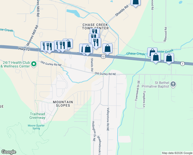 map of restaurants, bars, coffee shops, grocery stores, and more near 362 Old Gurley Road Northeast in Huntsville