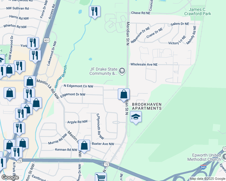 map of restaurants, bars, coffee shops, grocery stores, and more near 202 Mc Donnell Avenue Northwest in Huntsville