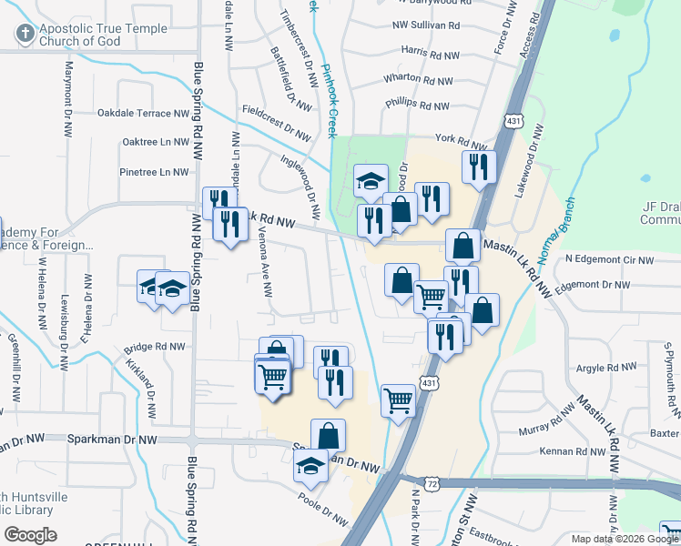 map of restaurants, bars, coffee shops, grocery stores, and more near 3412 Elizabeth Street Northwest in Huntsville
