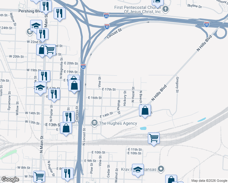map of restaurants, bars, coffee shops, grocery stores, and more near 900 East 17th Street in North Little Rock