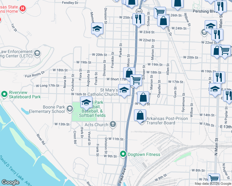 map of restaurants, bars, coffee shops, grocery stores, and more near 1315 West 16th Street in North Little Rock
