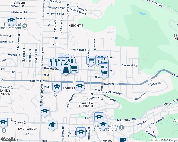 map of restaurants, bars, coffee shops, grocery stores, and more near 5301 Kavanaugh Boulevard in Little Rock