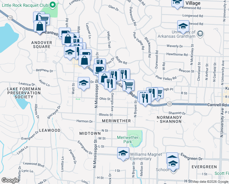 map of restaurants, bars, coffee shops, grocery stores, and more near 7315 Cantrell Road in Little Rock