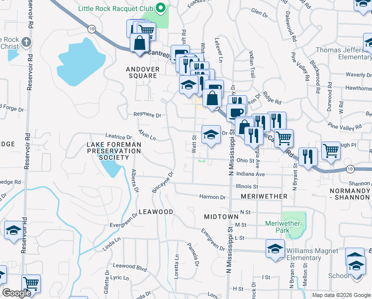 map of restaurants, bars, coffee shops, grocery stores, and more near 1907 Biscayne Drive in Little Rock