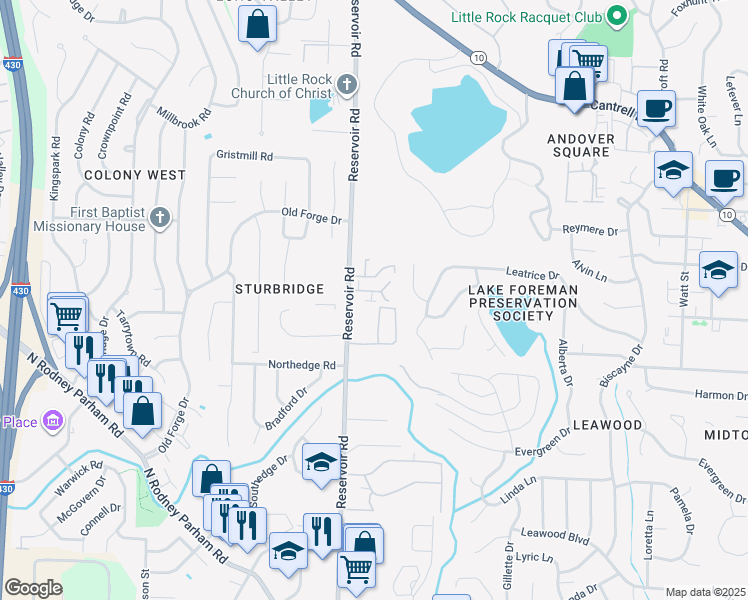 map of restaurants, bars, coffee shops, grocery stores, and more near 11 Meredith Court in Little Rock