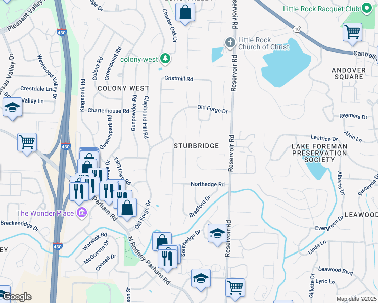 map of restaurants, bars, coffee shops, grocery stores, and more near 18 Ludington Cove in Little Rock