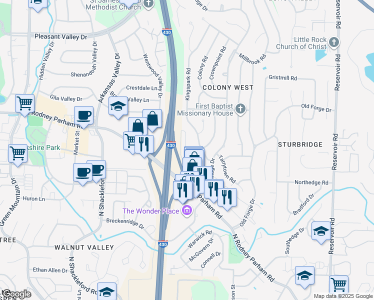 map of restaurants, bars, coffee shops, grocery stores, and more near 1420 Breckenridge Drive in Little Rock