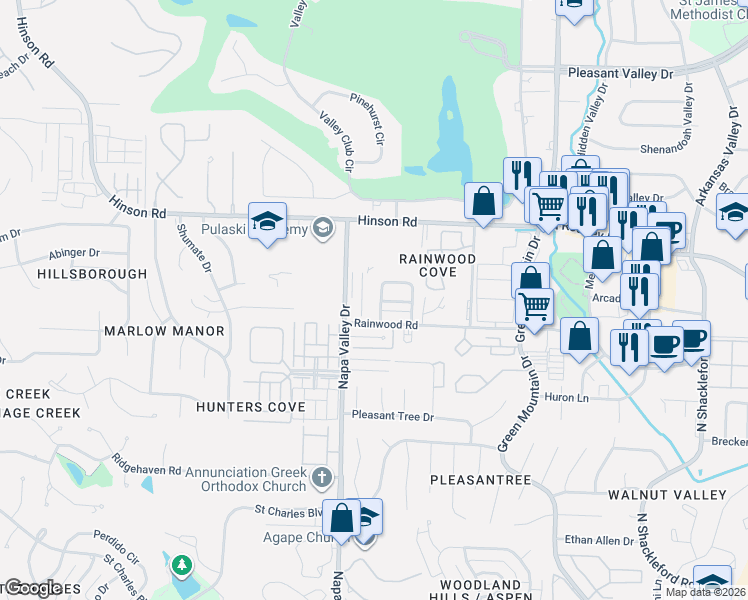 map of restaurants, bars, coffee shops, grocery stores, and more near 1925 Napa Valley Drive in Little Rock