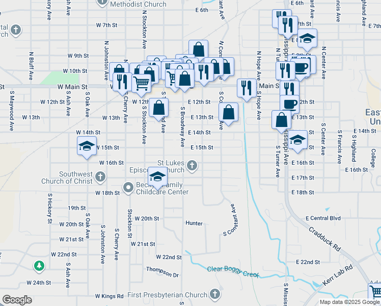 map of restaurants, bars, coffee shops, grocery stores, and more near 111 East 15th Street in Ada