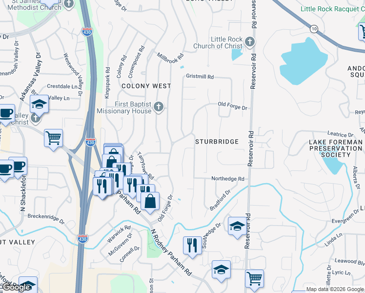 map of restaurants, bars, coffee shops, grocery stores, and more near 8 Buttermilk Road in Little Rock