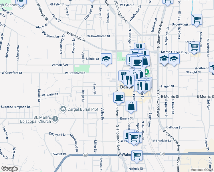 map of restaurants, bars, coffee shops, grocery stores, and more near 406 West Cuyler Street in Dalton