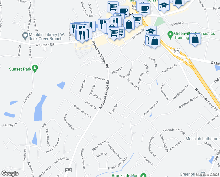 map of restaurants, bars, coffee shops, grocery stores, and more near 213 Ashmore Bridge Road in Mauldin