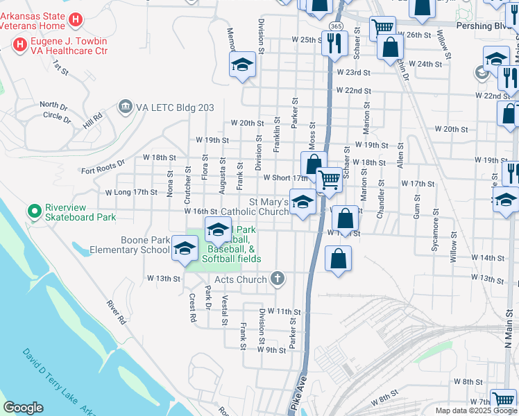 map of restaurants, bars, coffee shops, grocery stores, and more near 1421 West 16th Street in North Little Rock
