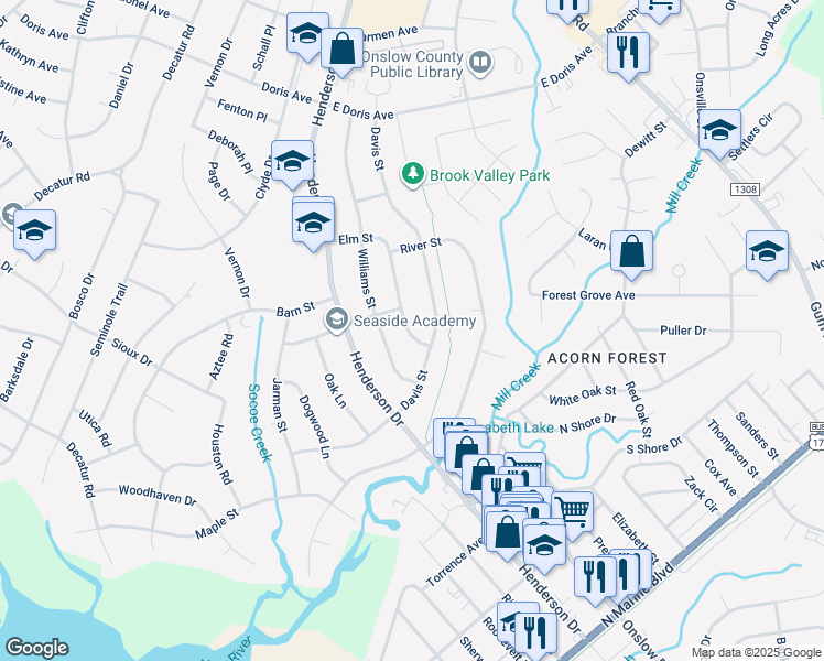 map of restaurants, bars, coffee shops, grocery stores, and more near 521 Elm Street in Jacksonville