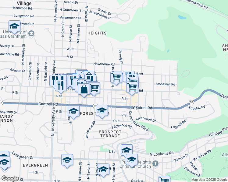 map of restaurants, bars, coffee shops, grocery stores, and more near 5301 Kavanaugh Boulevard in Little Rock