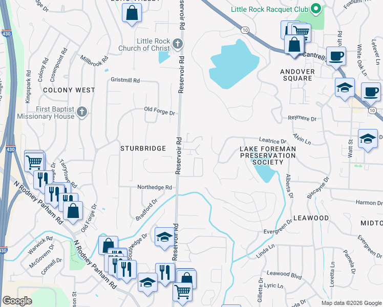 map of restaurants, bars, coffee shops, grocery stores, and more near 11 Meredith Court in Little Rock