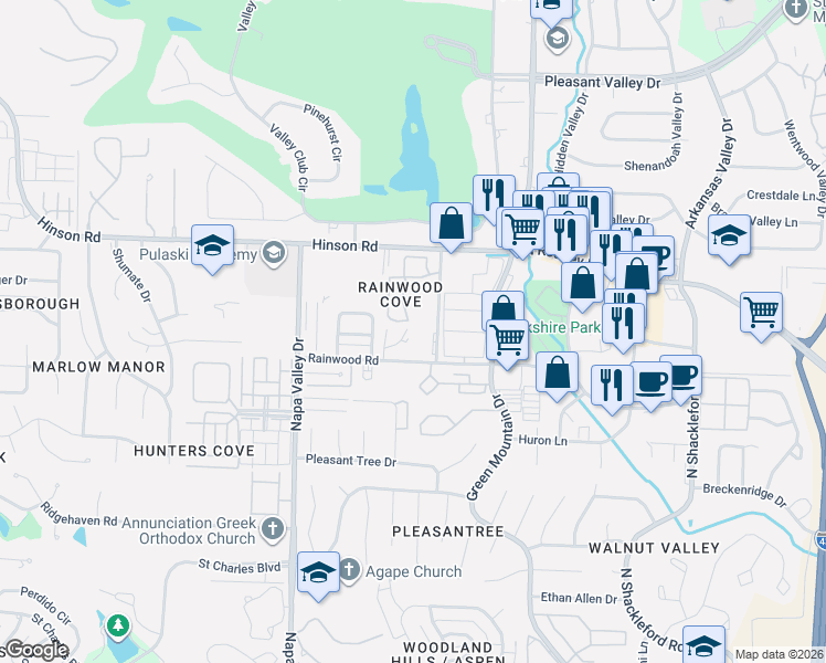 map of restaurants, bars, coffee shops, grocery stores, and more near 1717 Rainwood Cove Drive in Little Rock
