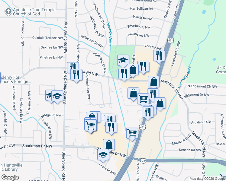 map of restaurants, bars, coffee shops, grocery stores, and more near 3412 Elizabeth Street Northwest in Huntsville