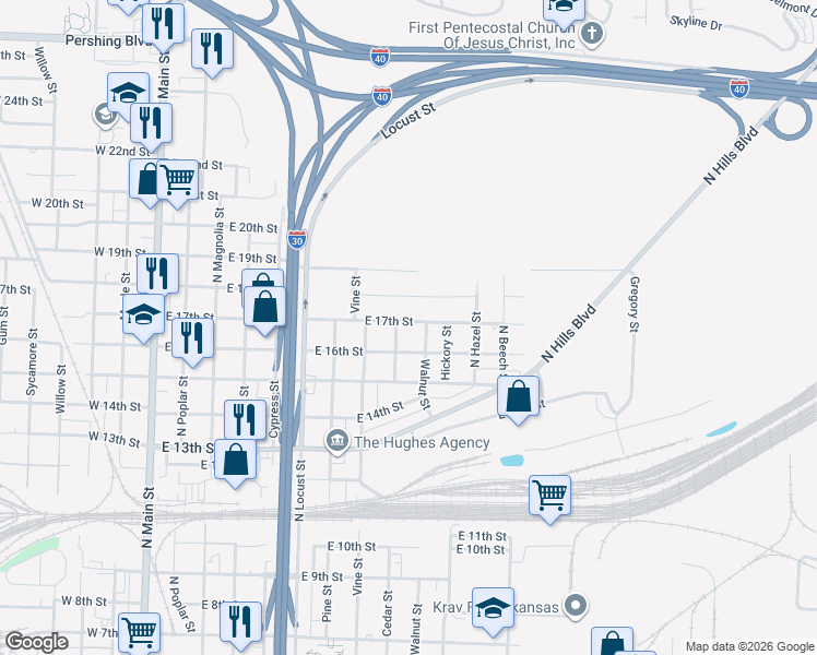 map of restaurants, bars, coffee shops, grocery stores, and more near 900 East 17th Street in North Little Rock