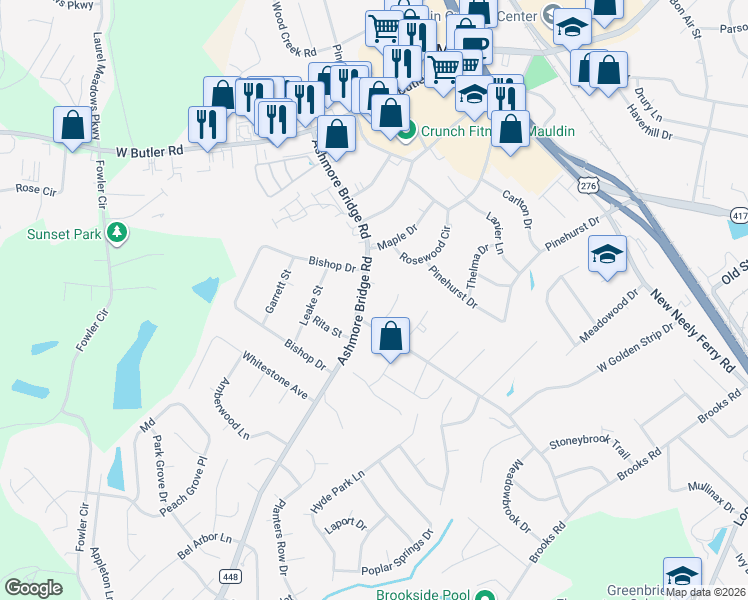 map of restaurants, bars, coffee shops, grocery stores, and more near 213 Ashmore Bridge Road in Mauldin