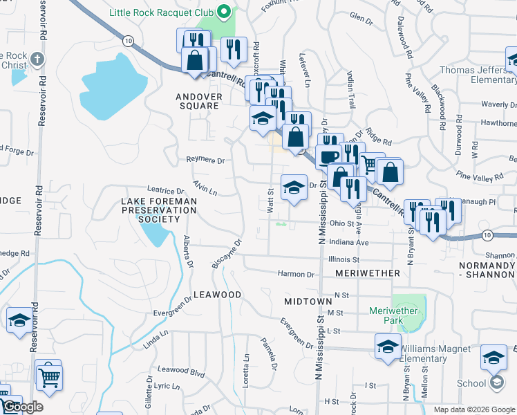 map of restaurants, bars, coffee shops, grocery stores, and more near 1907 Biscayne Drive in Little Rock