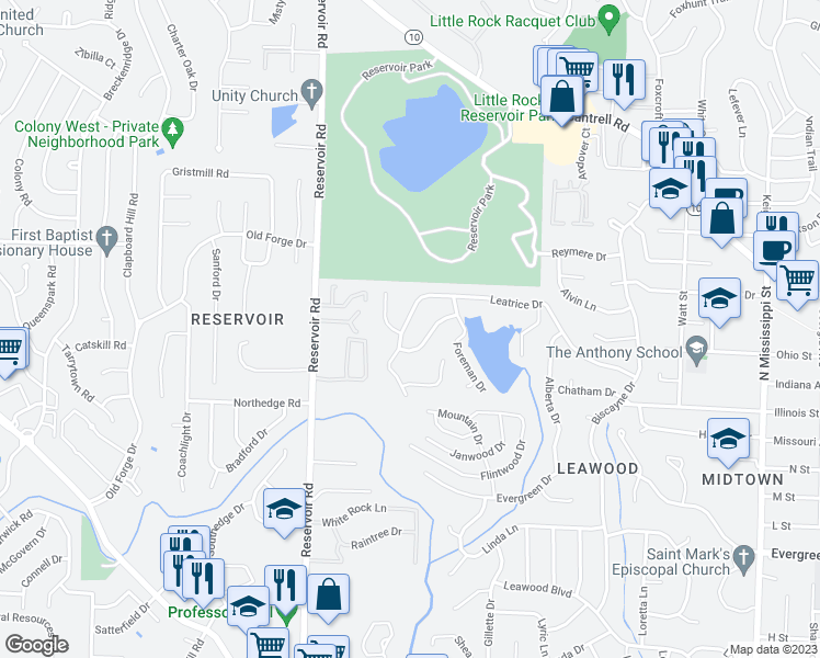 map of restaurants, bars, coffee shops, grocery stores, and more near 8907 Leatrice Drive in Little Rock