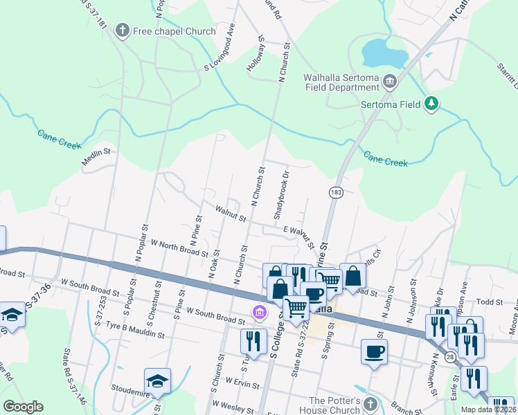 map of restaurants, bars, coffee shops, grocery stores, and more near 306 North Church Street in Walhalla